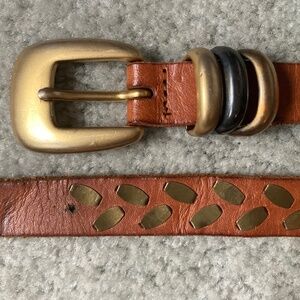 Vintage 1980s bohemian cowboy leather brass studded belt with rings women's S/M
